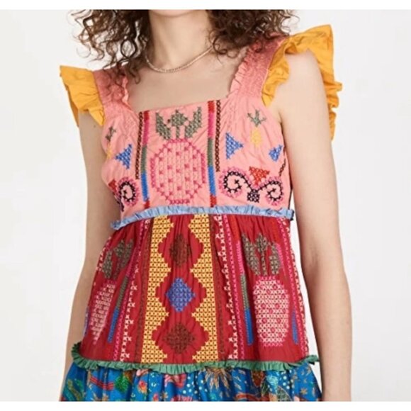 FARM Rio Dresses & Skirts - Farm Rio Anthropologie Sz S Mini Sun Dress Boho Embroidered Colorblock Festival